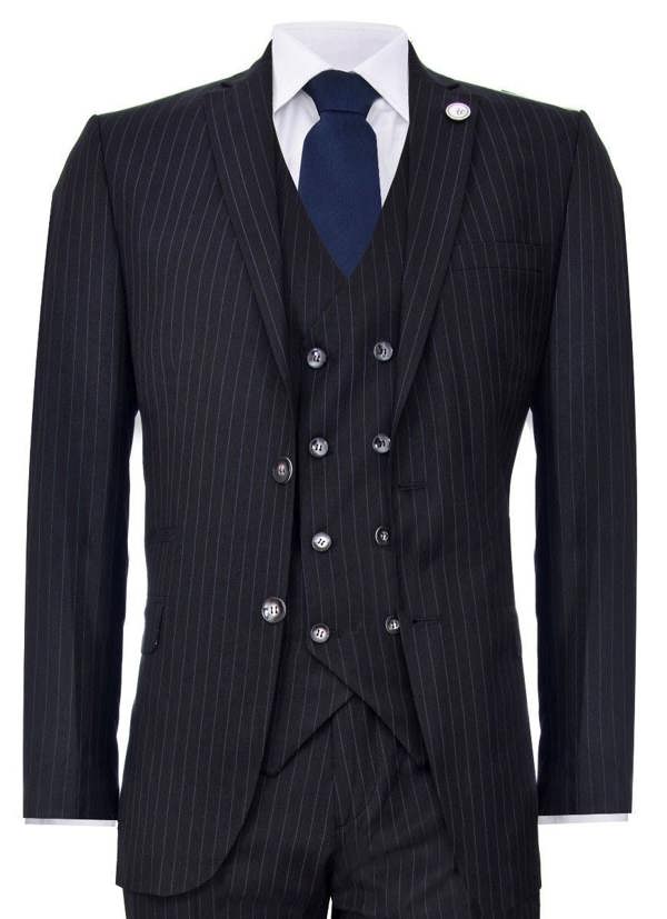 TruClothing Men's 3 Piece Black Pinstripe Retro Suit
