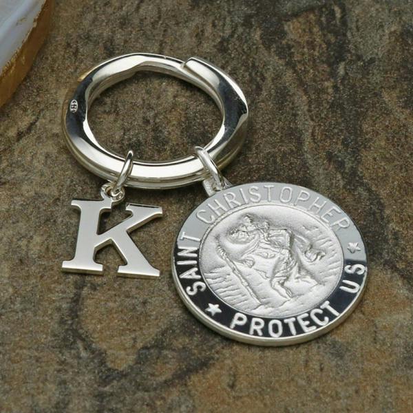 Christopher James of London Sterling Silver 24mm 3D St Christopher Keyring With Any Initial & Optional Engraving
