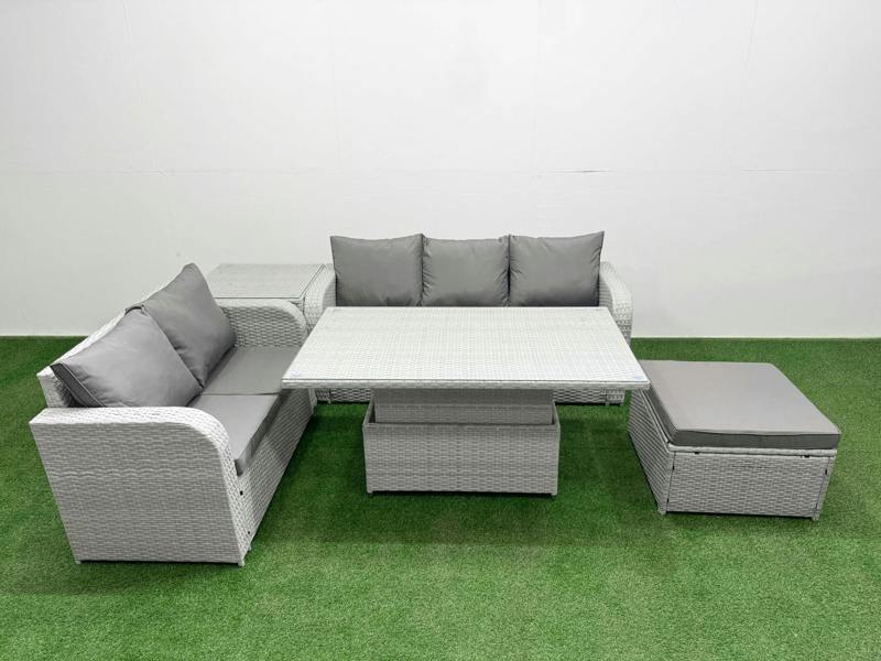 Fimous 6 Seater Rattan Lounge Set, Garden Furniture, Adj Height Table, 3 Seater Sofa, Love Sofa, Big Footstool and Side Table, Light Grey