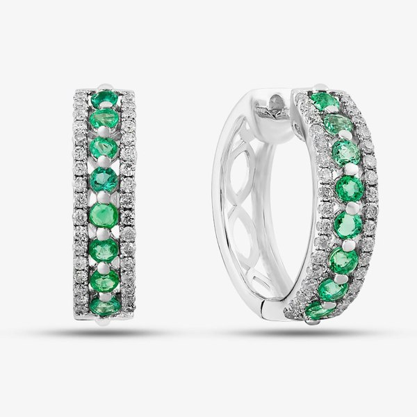 T. H. Baker 9ct White Gold Emerald and Diamond Three Row Hoop Earrings PE04865 EM