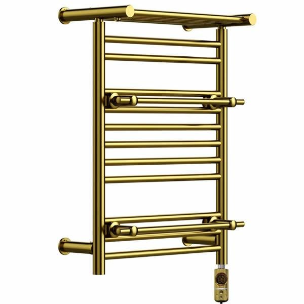 MYHOMEWARE 490mm Wide Electric Shiny Gold Heated Towel Rail Radiator Top Shelf & Two Towel Holder OSLO, Bathroom - AF Thermostatic Element