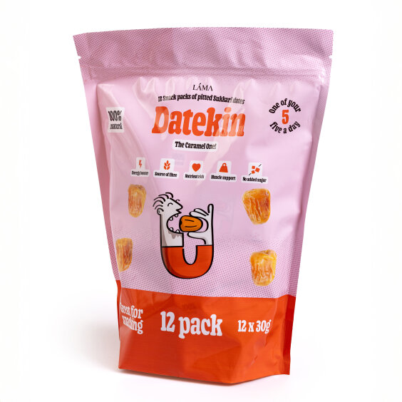 Datekin Sukkari Dates Family Bag (12 x 30g Packs) – Premium Soft Golden Dates | Healthy on-the-go Snacks | 100% Natural Superfood