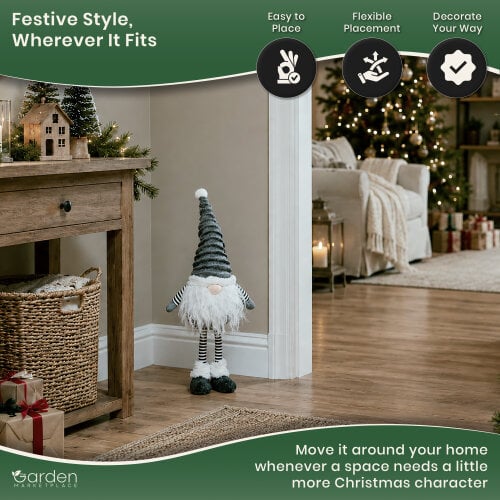 Large Christmas Cute Standing Groovikert Gonk Figure in Grey, Free-Standing Polyester Festive Decoration, Soft Indoor Ornament, 53cm Tall x 20cm Wide