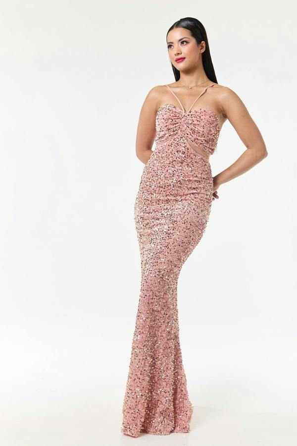 LuvForever Rose Pink Bandeau Sequin Maxi Dress