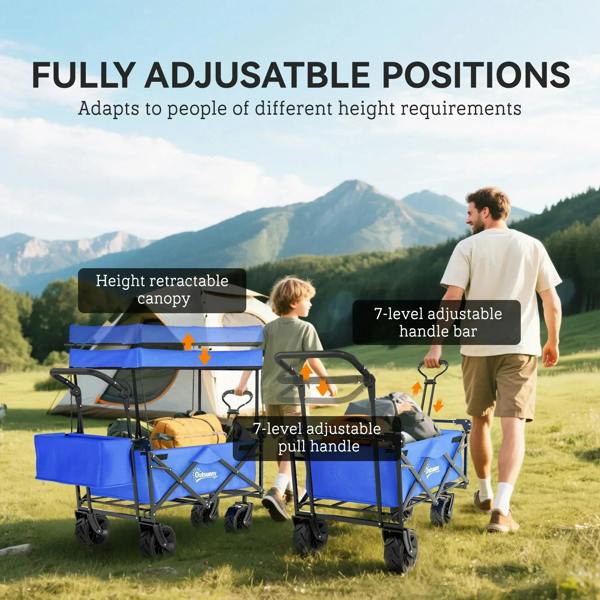 Blue folding cart with height-adjustable retractable canopy and adjustable handle, 4 wheels