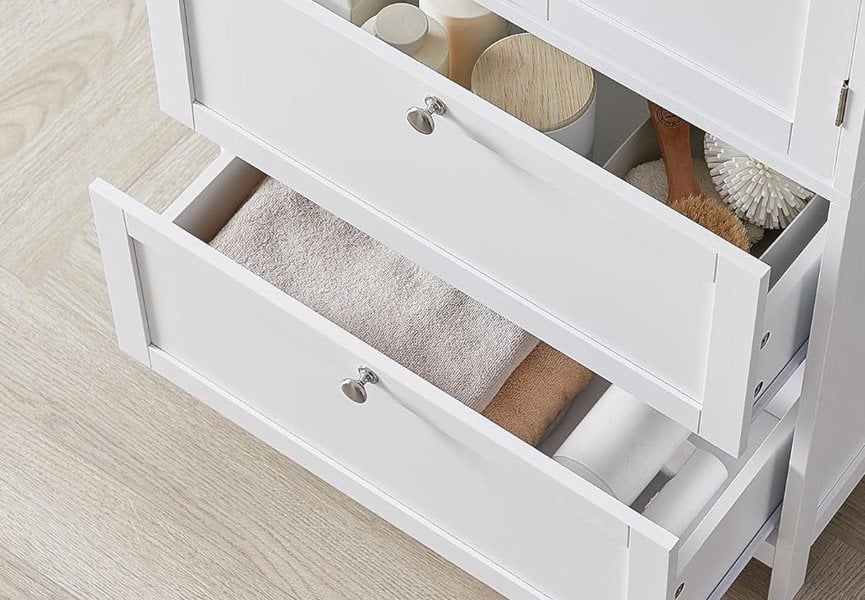Modcraft White Bathroom Storage Cabinet – Kitchen Cupboard with 2 Drawers, 2 Doors & Adjustable Shelf, 110cm Tall