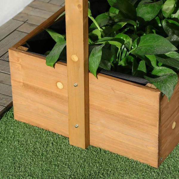 Wooden planter box side with black liner and green leaves, from a four-tier stand