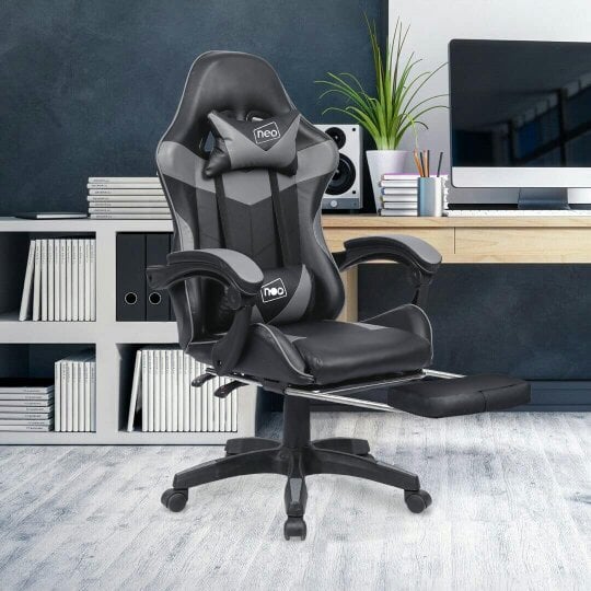 Neo Grey & Black PU Leather Gaming Chair with Footrest