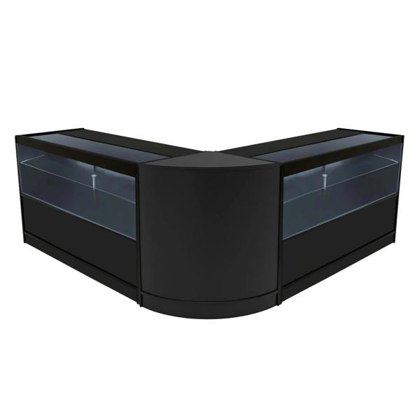 Black Selene LED shop counter set featuring a sleek, modern design with glass display sections and a curved shape for retail spaces