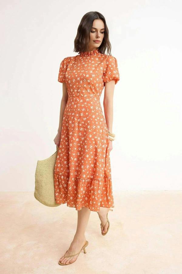 WOVCOR Patterned A-Line Ruffled Lined Midi Woven Dress