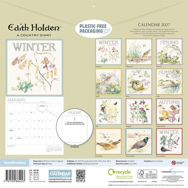 Edith Holden, A Country Diary Calendar 2027, Wall Calendars, Month To View, Art, Gift