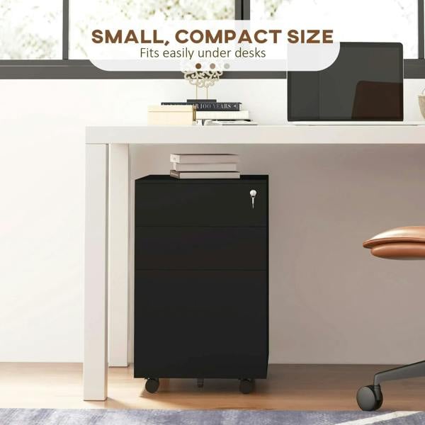 Compact black mobile filing cabinet under desk with three drawers and lock