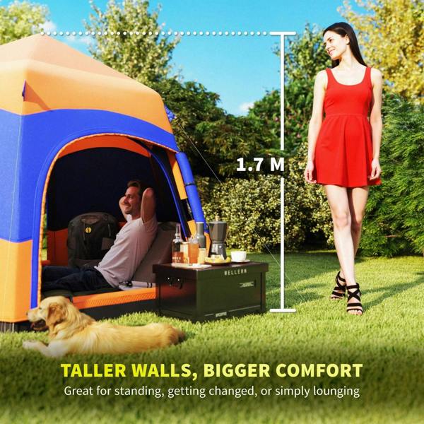 Orange and blue hexagon camping tent with open arched doorway and interior view