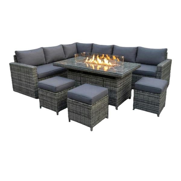 The Tarporley Grey 9 Seat Corner Firepit Rattan Dining Set - Madefor.Living