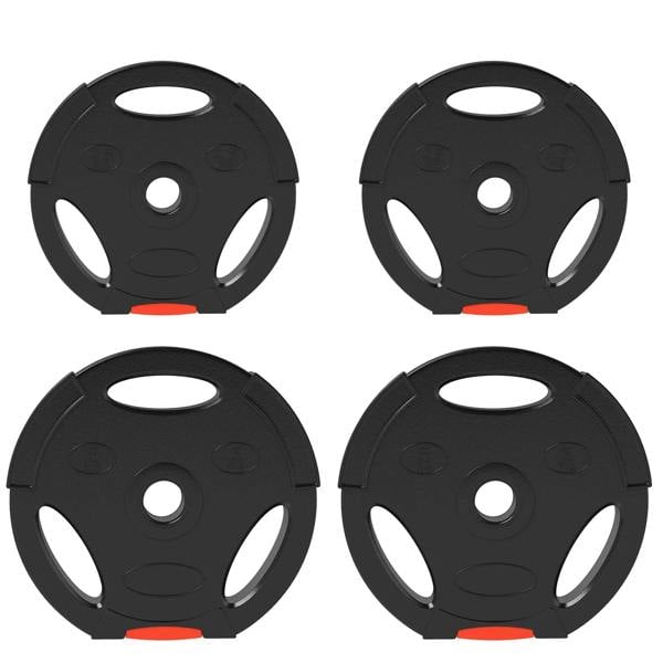 Black weight plate set with four plates, grip handles and center hole