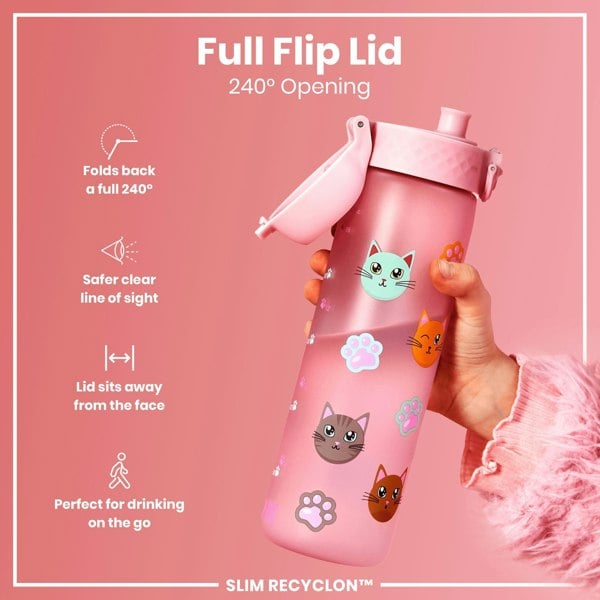 A pink water bottle, featuring a full flip lid and cat paw print designs, is being held; the 240° opening is shown, highlighting ease of use.