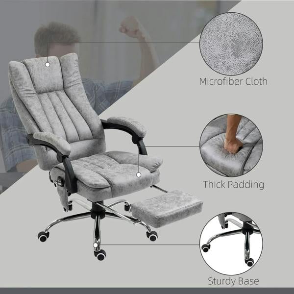 Grey reclining office chair with thick padded seat and microfibre upholstery