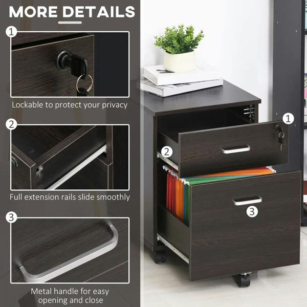 Lockable filing cabinet with two drawers; key lock detail, full-extension slide rails