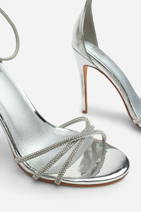 Where's That From Rose Stiletto High Heels With Rhinestone Strap in Silver Chrome