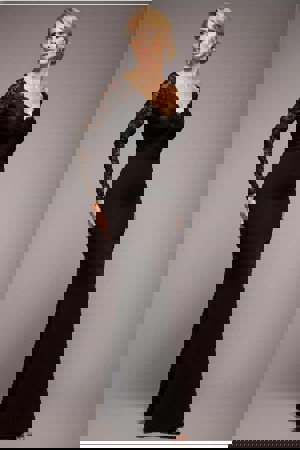 Scalloped Lace Bodice Long Sleeve Bardot Maxi Dress - Black DR4678M