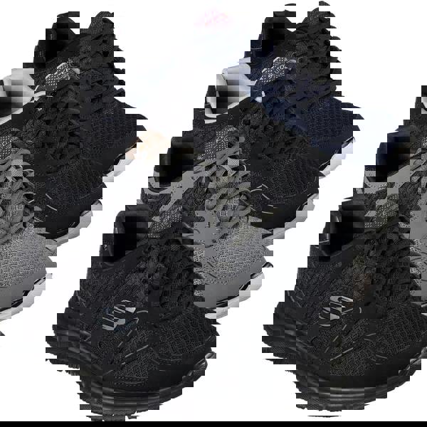 Skechers Verse-Flash Point Mens Sports Gym Walking Lace Up Trainers, a pack of three athletic shoes in black, grey, and navy blue with mesh uppers and cushioned soles for men.