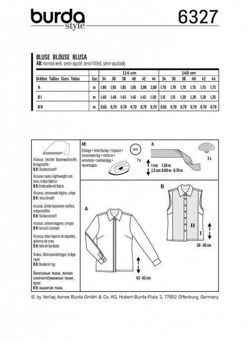 Burda Sewing Pattern 6327 Shirts For Women, 8 to 18 - Intermediate