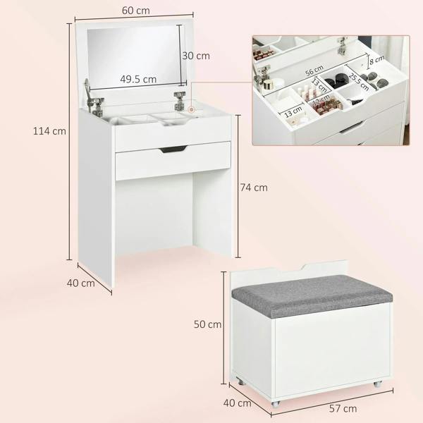 White vanity table with flip-up mirror and gray storage stool, compact design