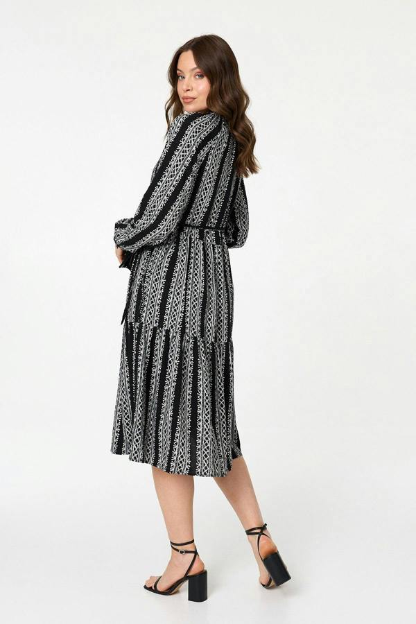 Black | Geo Print Tiered Long Sleeve Midi Dress