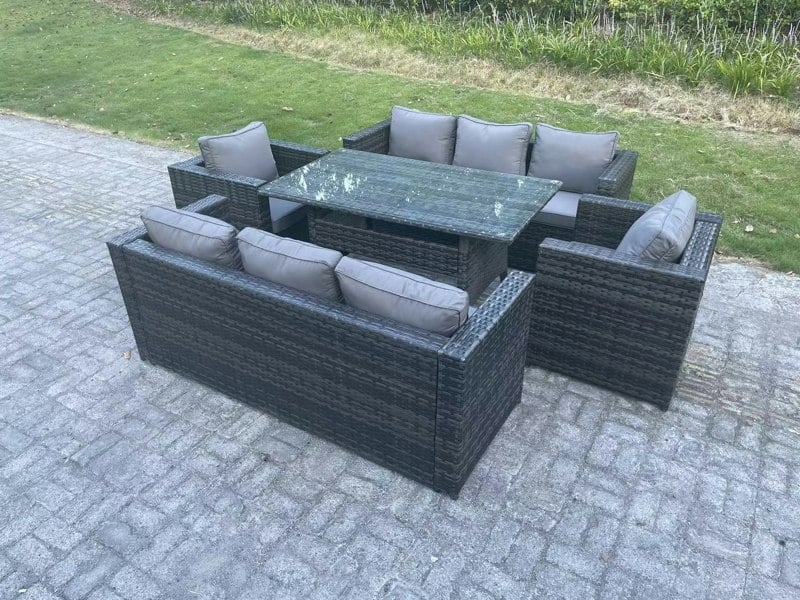 Fimous Outdoor Lounge Sofa Rattan Garden Furniture Set Patio Armchair and Rectangular Dining Table 8 Seater Dark Grey Mixed