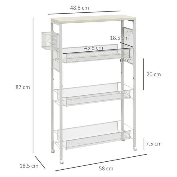 White 3-tier kitchen cart with three steel wire baskets, shown with size measurements.