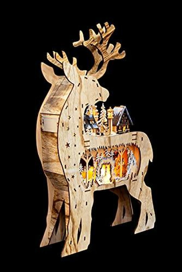 Shatchi 69cm Brown Wooden Laser Cut Reindeer Light with Village Scene and Warm White LEDs