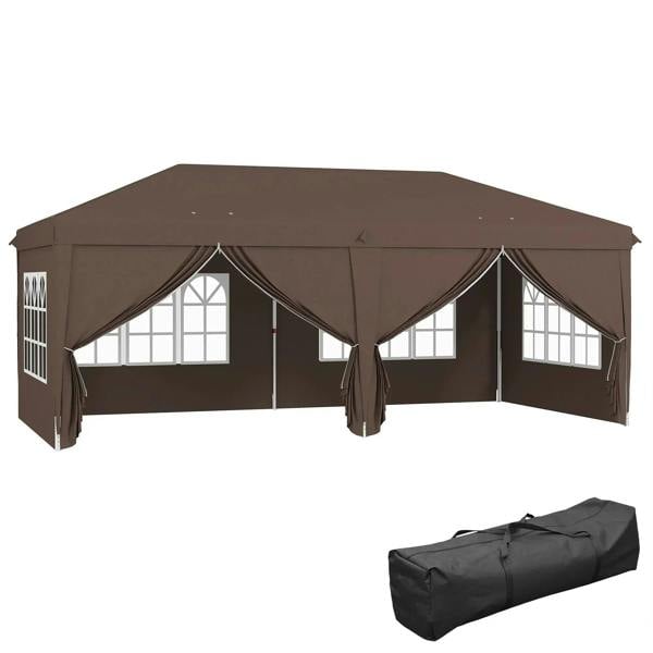 Brown pop-up gazebo with side panels and window sections; includes storage bag