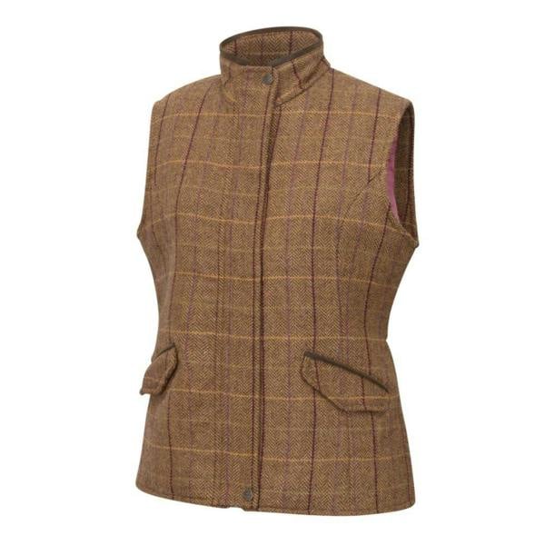 Front view of the Hoggs of Fife Eden Technical Tweed Gilet in brown herringbone wool tweed with flap pockets and high collar