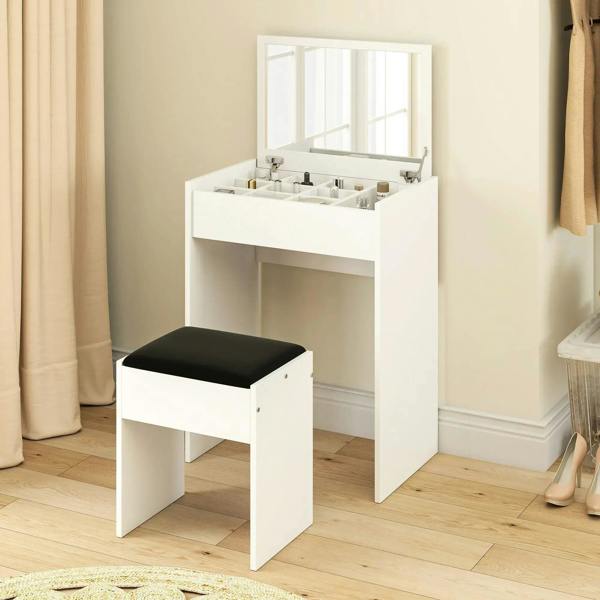 White vanity dressing table with flip-up mirror and black padded stool