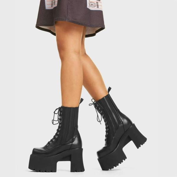 Lamoda Mislead Me Knee High Black PU Boots for Women Stylish Skull Detail