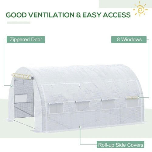 Bobobiy 4 x 3 x 2 m Polytunnel Greenhouse with Roll-up Side Walls, Walk-in Grow House Tent with Steel Frame, Zipped Door and 12 Mesh Windows, White