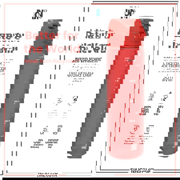 A red water bottle stands against a white background. It is made from a plant-based polymer and features measurements in milliliters and ounces. The bottle is advertised as carbon neutral, BPA free, odour resistant, and dishwasher safe.