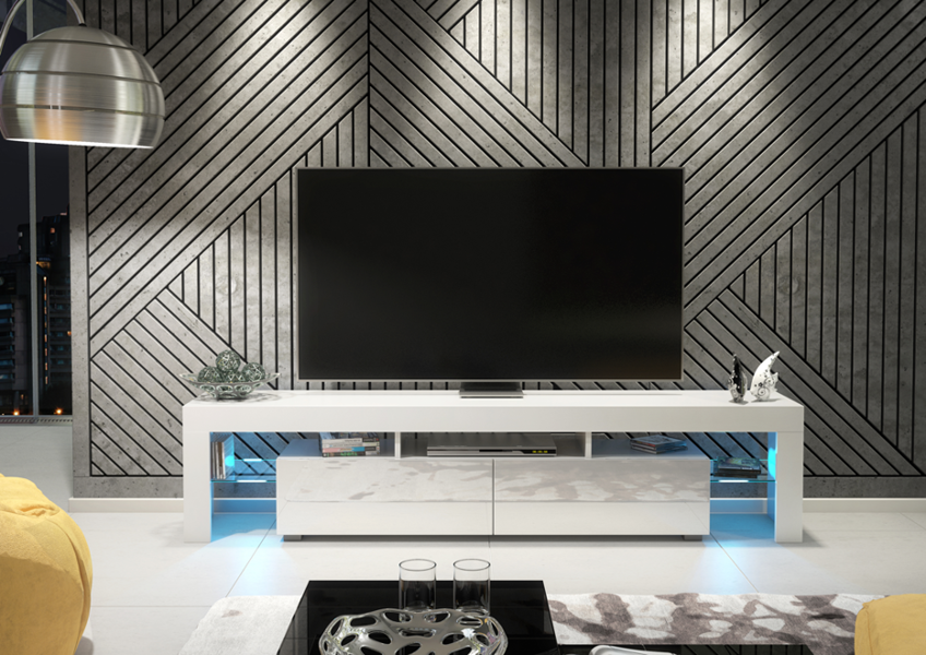 Mex Furniture Sleek Modern 200cm TV Unit Cabinet Stand White High Gloss Doors with Free LED Lights