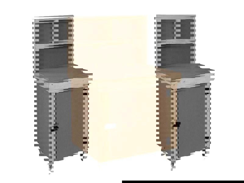 Arbor Garden Solutions Wooden MDF Top Workbench With Lockable Cupboard (V.9) with back panel, double shelf and wheels
