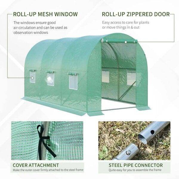 Bobobiy 4 x 2 m Polytunnel Greenhouse with Roll-up Door and 6 Mesh Windows, Green, 4 x 2 x 2 m