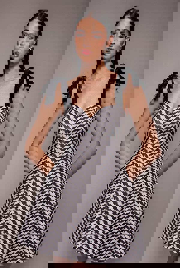 Diagonal Stripe Velvet Bow A Line Mini Dress - Black White DR5098