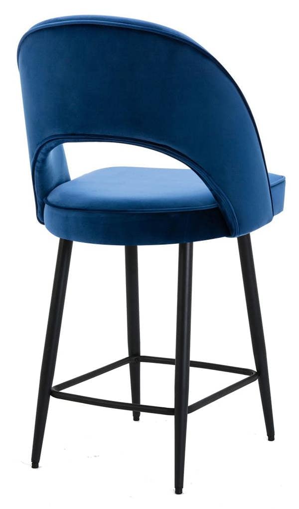 Lamboro Chelsea Velvet Bar Stool, Fixed Black Legs & Footrest, Padded Seat – Blue
