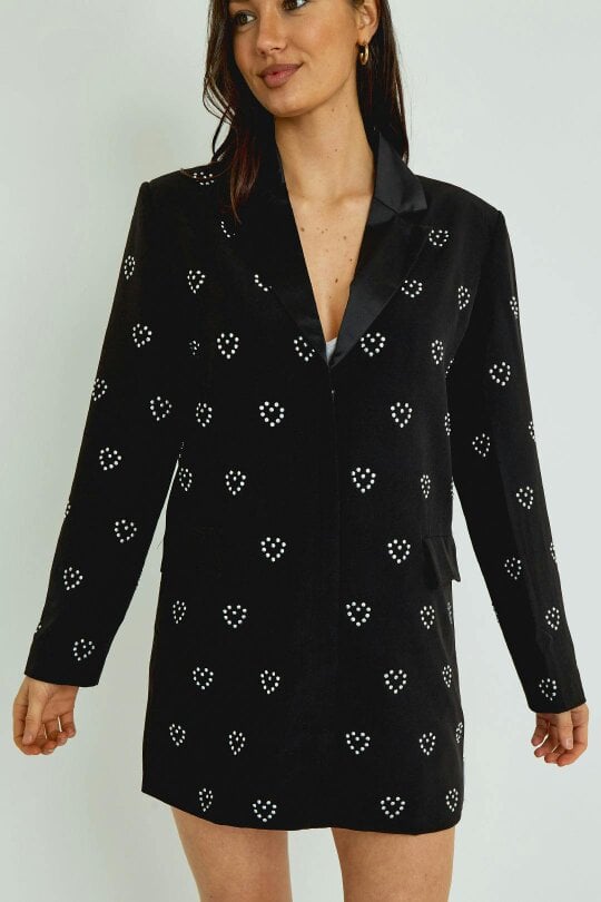 Black Heart Sequin Blazer Dress – Zip Front Structured Mini