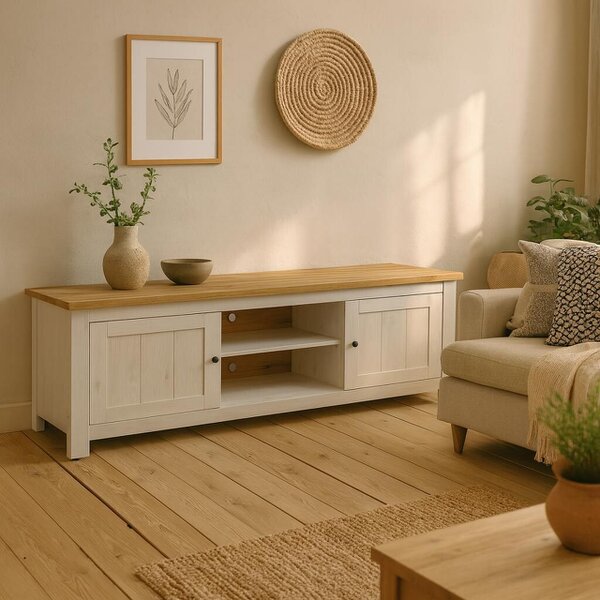 Wyld Haus Tipsyfern 189cm White and Natural Oak Wood 2 Door Wide TV Unit