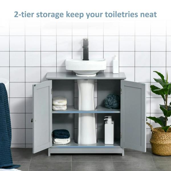 Grey under-sink cabinet with open two-door storage and two-tier shelves