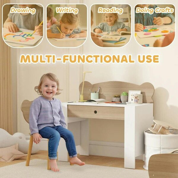 Kids Desk and Chair Set with Drawer for Drawing, Reading, Bear Theme Children Furniture for Bedroom, Daycare, Natural