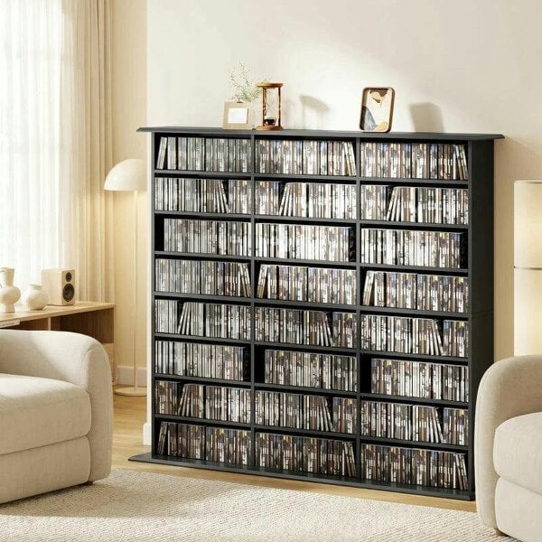 Bobobiy 1032 CD/594 DVD Storage Unit, Blu-ray Media Storage Shelf with 24 Compartments and 18 Adjustable Shelves, Black