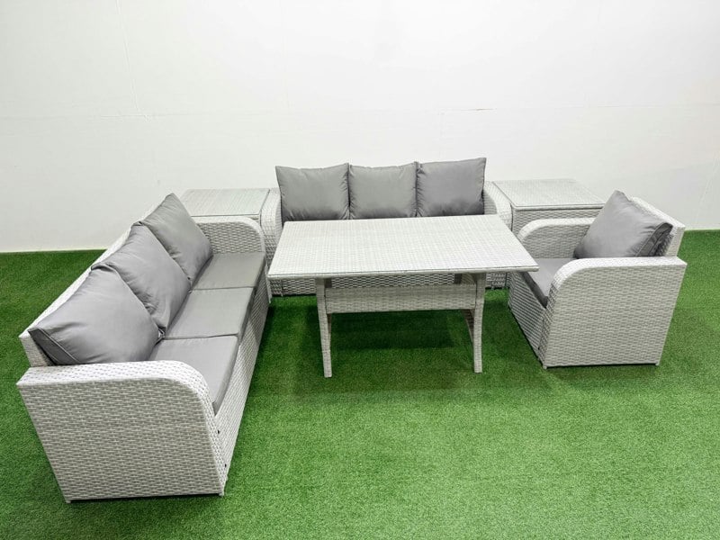 Fimous 7 Seater Light Grey Poly Rattan Outdoor Dining Set - Rectangular Table, 3-Seater Sofa, Reclining Chair & 2 Side Tables