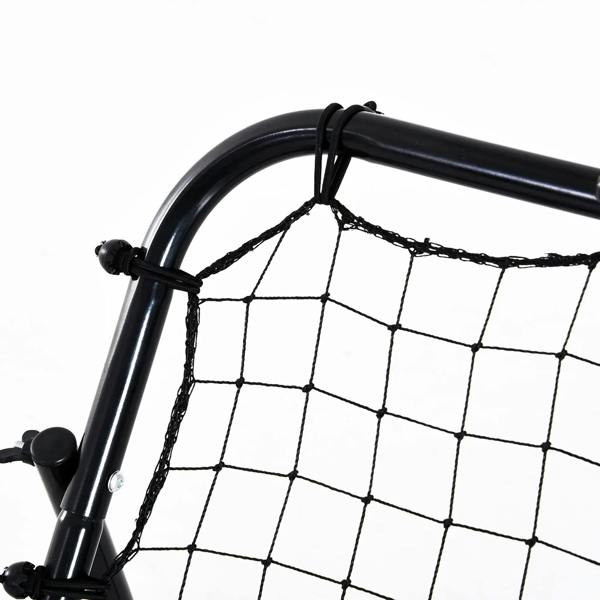 Close-up of black rebounder frame with grid mesh net and corner connector