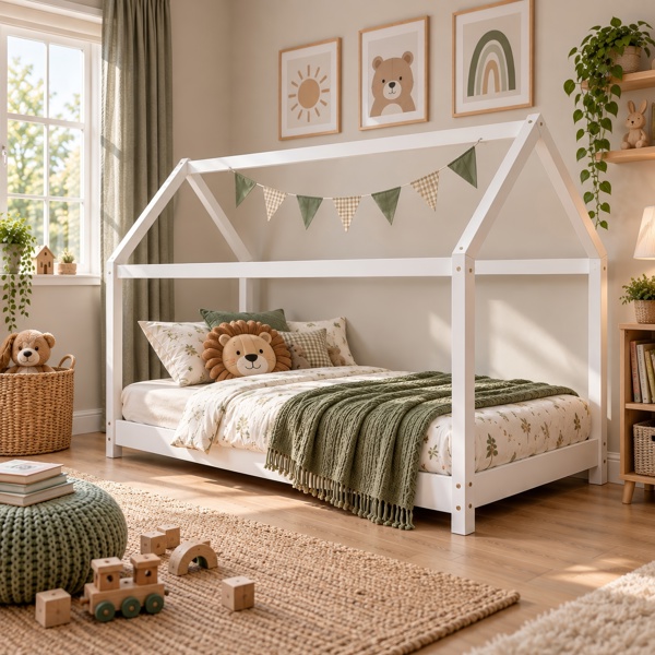 Maserri Ely Montessori House Bed for Kids, White Solid Pine, 3FT Single